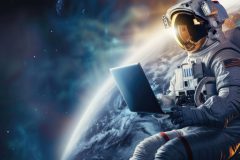 Astronaut in space with a laptop. Banner, copy space