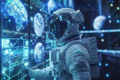 Astronaut Interacting with Futuristic Technology